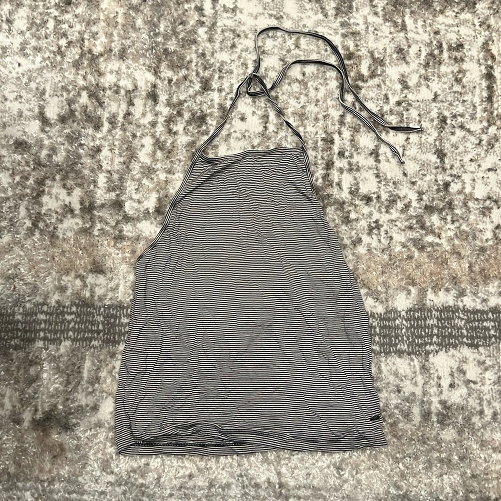 Black and white striped high neck halter top